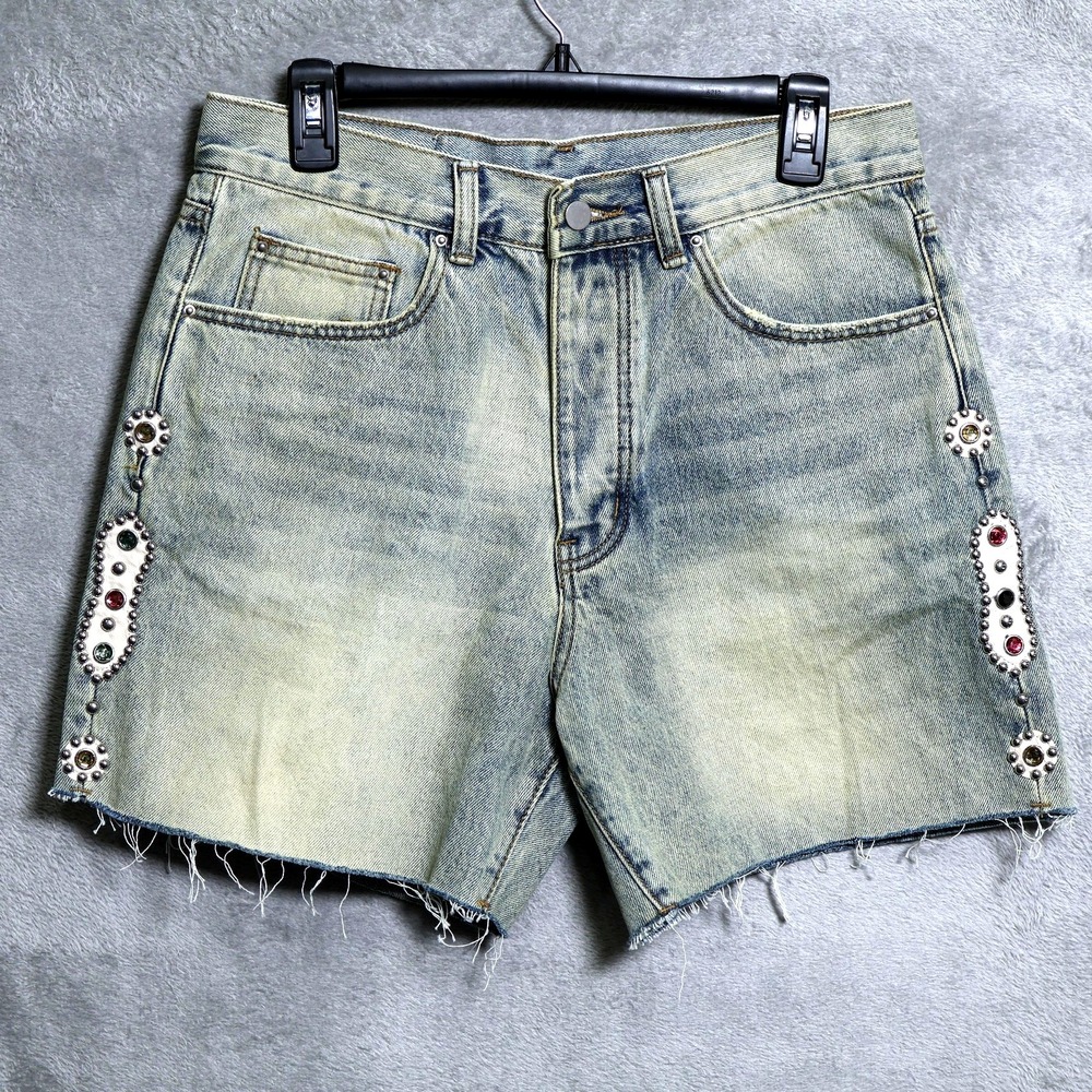 mnml Jeans Shorts Womens 31 Blue Denim Raw Hem Distressed Studded Gem
